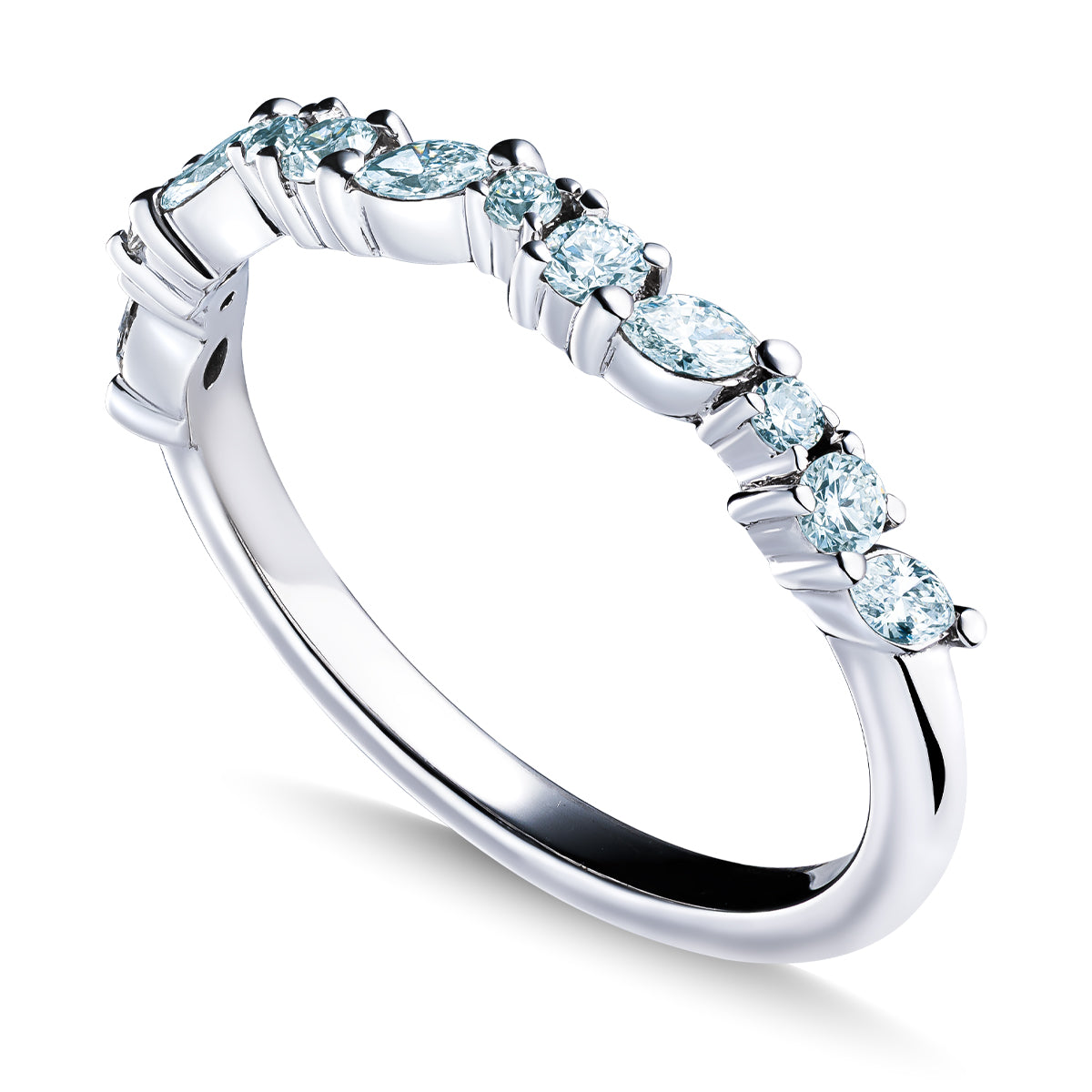 The Raffi&Co.® 14K White Gold Marquise and Round Brilliant Diamond Anniversary Ring features sparkling diamonds in a graceful curved band, shown on a white background.