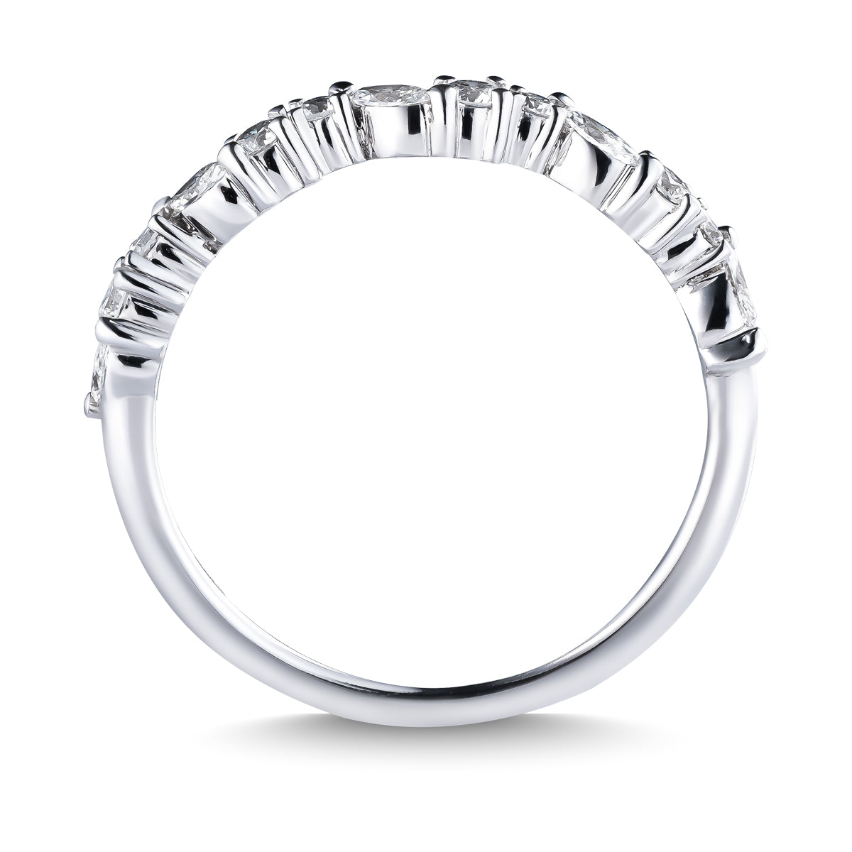 A close-up side view of the Raffi&Co.® 14K White Gold Marquise and Round Brilliant Diamond Anniversary Ring, featuring marquise and round diamonds set along the band’s top half with a polished finish by Raffi&Co.