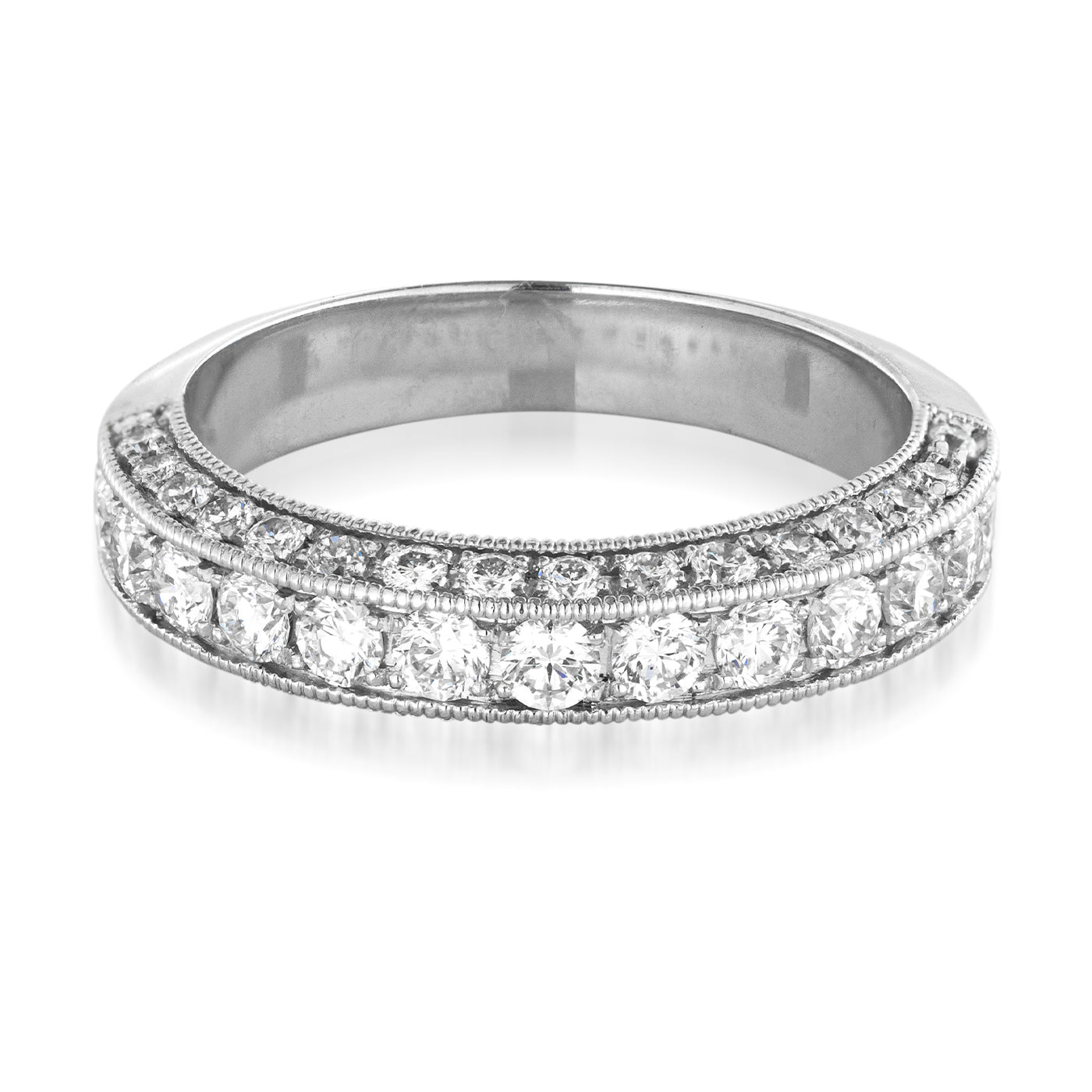 The Raffi&Co.® 14K White Gold Round Brilliant Diamond Anniversary Ring is embellished with a row of small round brilliant diamonds and features a milgrain edge design, set against a white background.