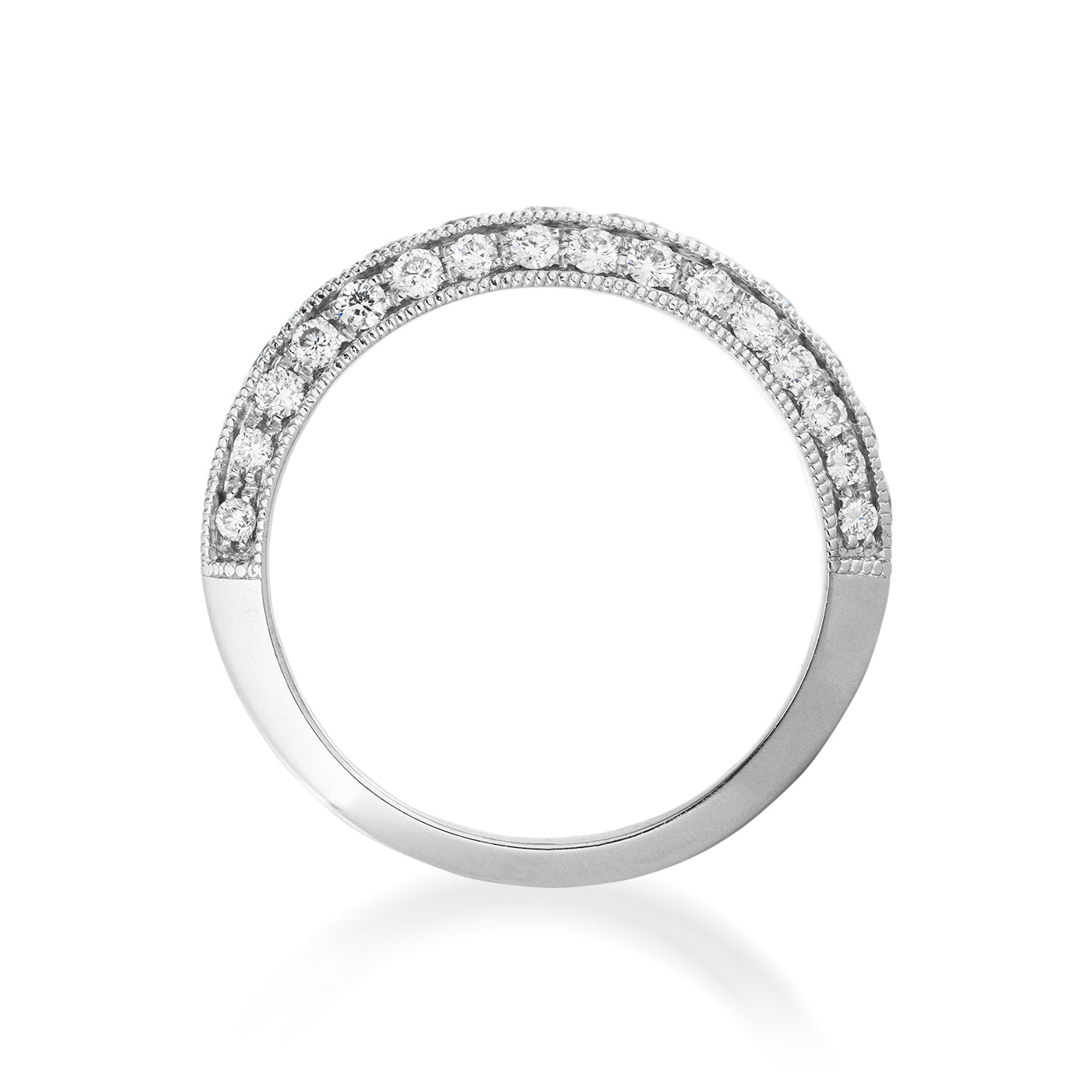 The Raffi&Co.® 14K White Gold Round Brilliant Diamond Anniversary Ring features a row of brilliant diamonds that are encrusted halfway around the band. With its smooth, polished finish and sleek, minimalist design, it beautifully reflects light, making it a perfect choice for an anniversary gift.