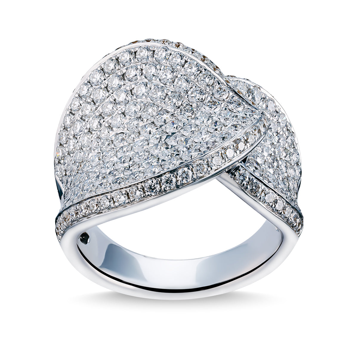 The Raffi&Co.® 18K White Gold Round Brilliant Diamond Fashion Ring features an overlapping design with numerous small, sparkling diamonds, offering a shimmering effect. It's available in various sizes to ensure the perfect fit for any occasion.