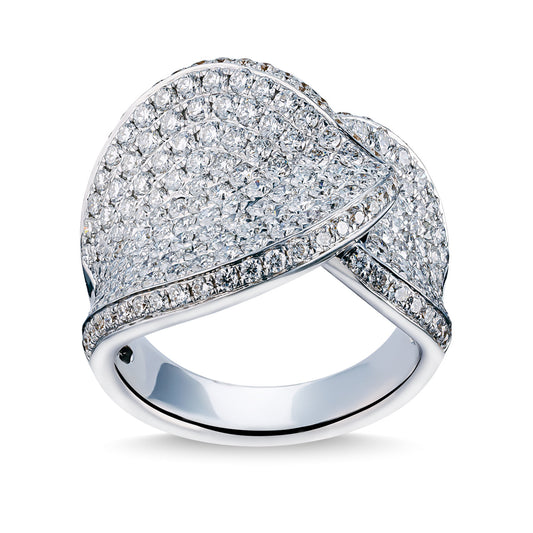 The Raffi&Co.® 18K White Gold Round Brilliant Diamond Fashion Ring features an overlapping design with numerous small, sparkling diamonds, offering a shimmering effect. It's available in various sizes to ensure the perfect fit for any occasion.