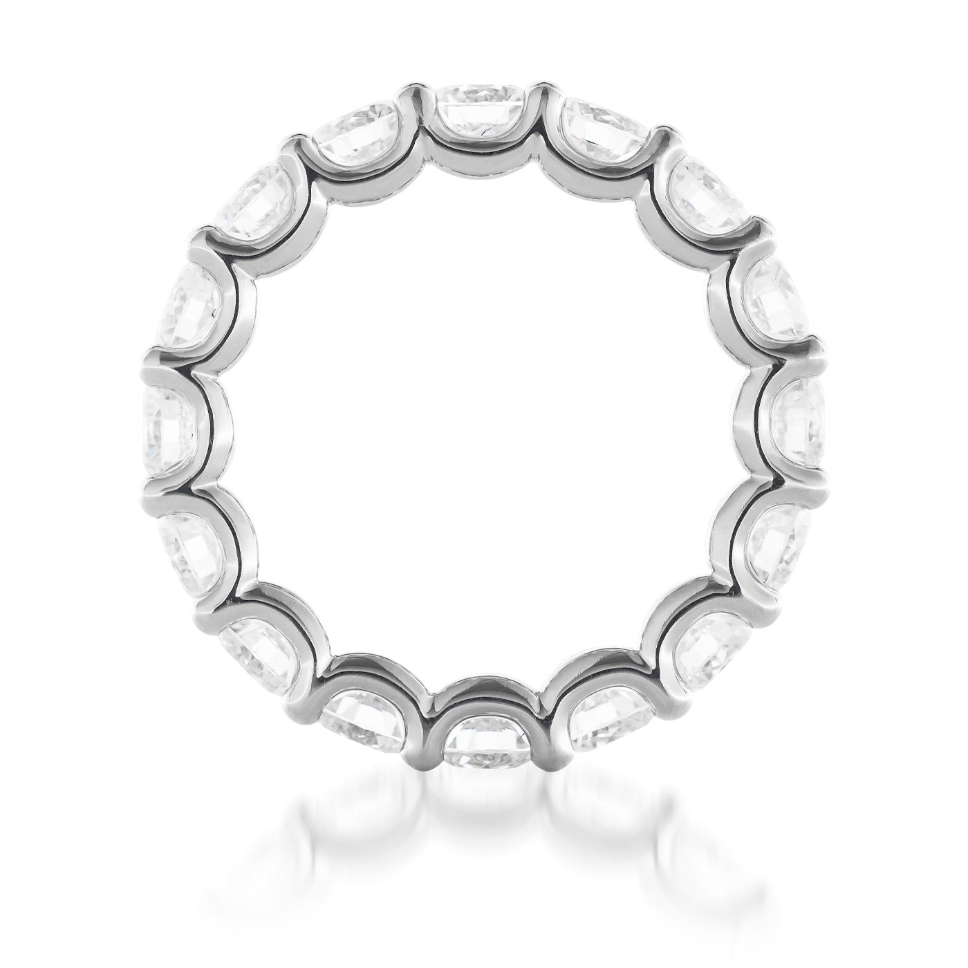 A 14K white gold eternity ring from Raffi&Co® featuring round brilliant lab diamonds, each elegantly framed along the band. The anniversary piece, known as the Raffi&Co.® 14K White Gold Round Brilliant Diamond Eternity Ring, is beautifully showcased against a white background with a soft shadow beneath it.