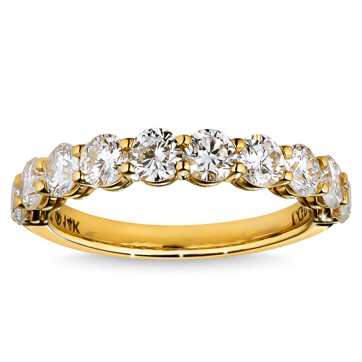 The Raffi&Co.® 14K Yellow Gold Round Brilliant Lab Diamond Anniversary Ring features seven prong-set round diamonds on a curved band, offering comfort, brilliance, and elegance.