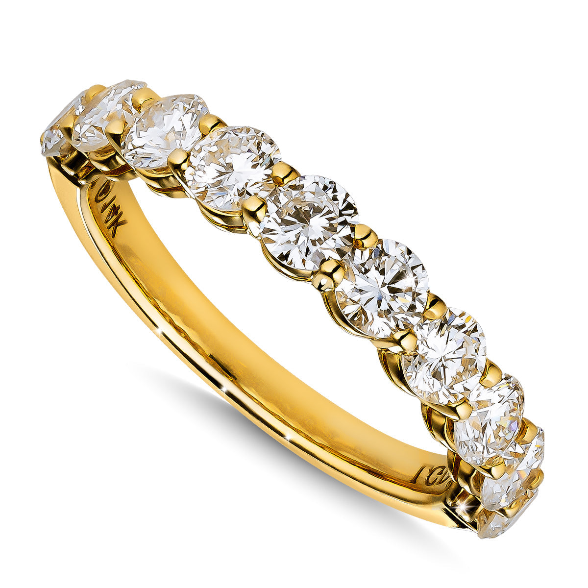 The Raffi&Co.® 14K Yellow Gold Round Brilliant Lab Diamond Anniversary Ring showcases evenly spaced round diamonds, enhancing its elegant and luxurious appeal against the shiny band.