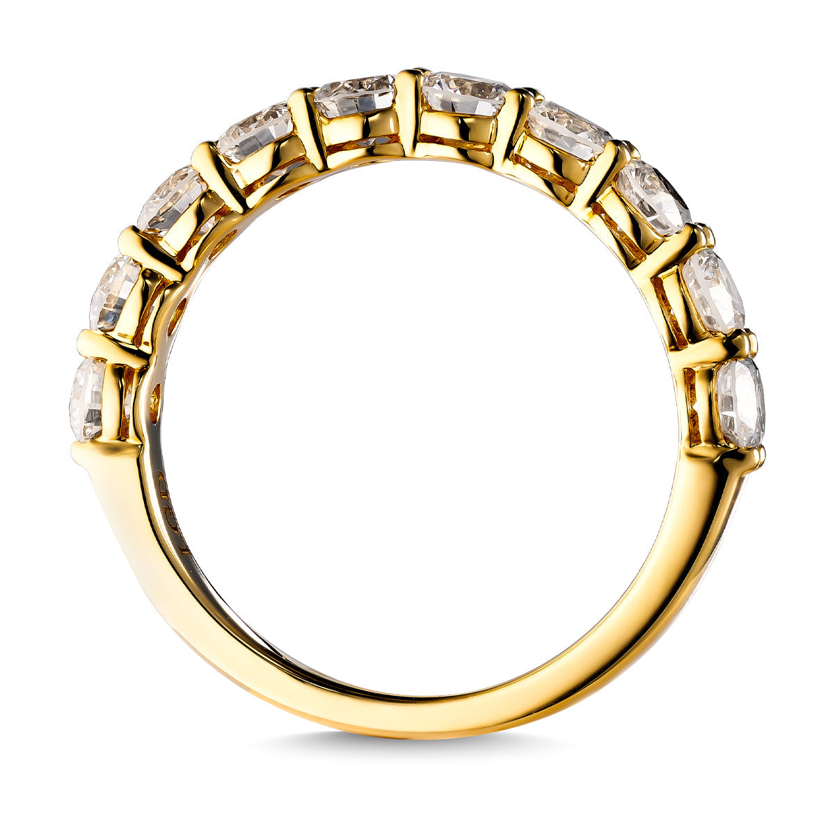 The Raffi&Co.® 14K Yellow Gold Round Brilliant Lab Diamond Anniversary Ring features a series of round lab diamonds on its top half, showcased from the side with a smooth, polished band and intricate settings securely holding the stones.