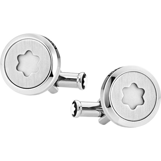 A pair of Montblanc StarWalker Cufflinks featuring a silver round design with the iconic Montblanc emblem in the center. With a polished finish and simple, elegant styling, these cufflinks embody timeless sophistication.