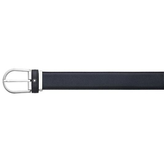 A Montblanc Leather Belt featuring a black leather strap and a stainless steel buckle is laid flat against a plain white background. The simple and elegant design showcases a shiny finish.