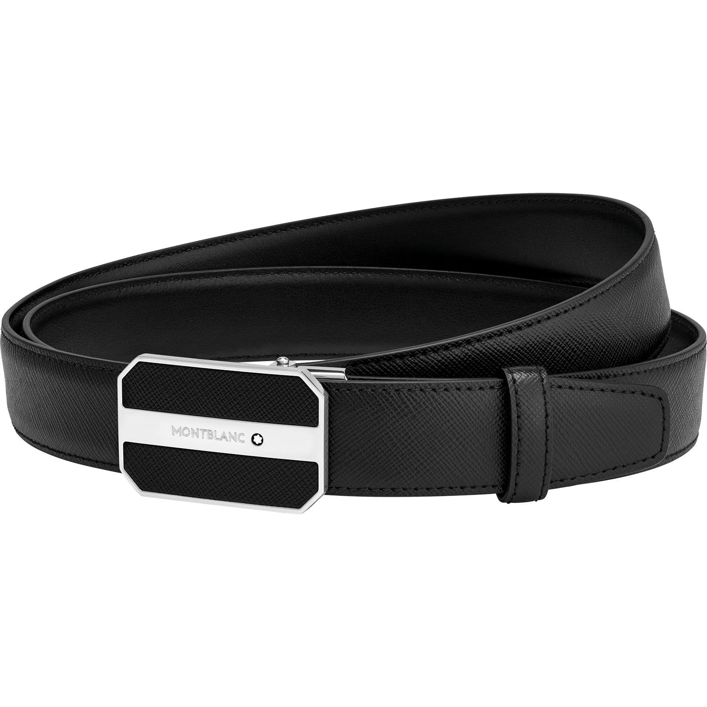 The Montblanc Business Leather Belt, made from luxurious Saffiano leather, showcases a rectangular silver buckle adorned with diagonal stripes and the engraved Montblanc name. Coiled neatly against a white background, this black belt radiates sophistication.