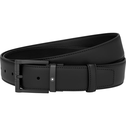 The Montblanc Casual Leather Belt is a stylish accessory featuring a smooth finish and a matte black pin buckle. It includes subtle stitching details along the edges and offers self-adjustable holes for a perfect fit, neatly coiled for display.
