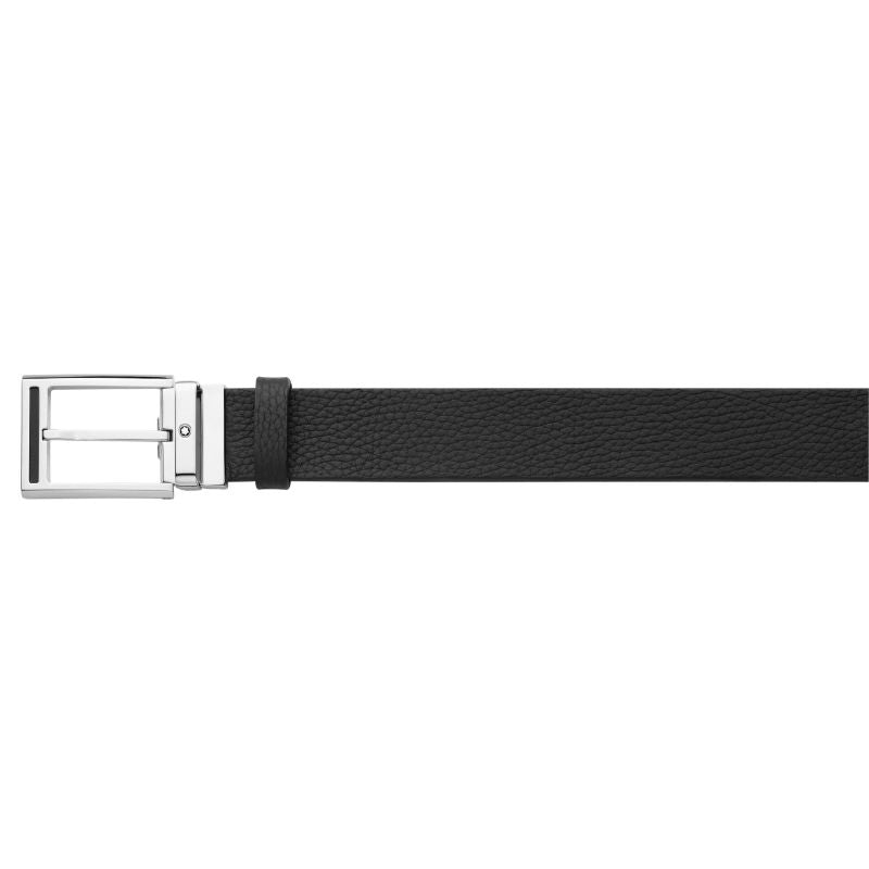 The Montblanc Casual Leather Belt, crafted in black leather with a shiny palladium-coated buckle, is displayed horizontally against a white background, adding a touch of sophistication.