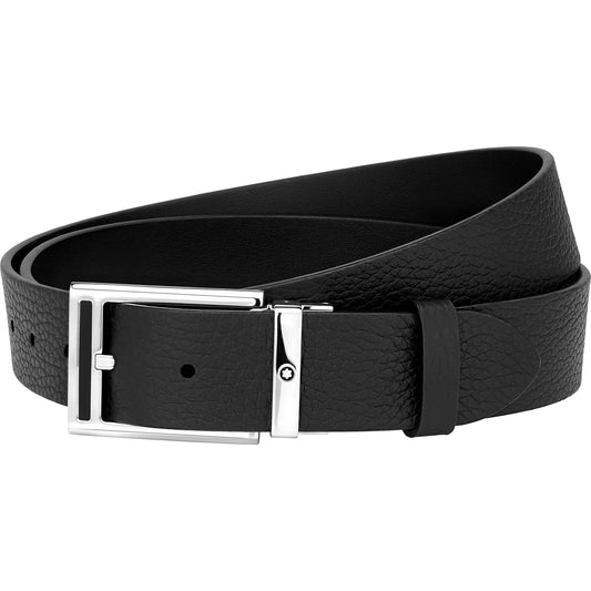 Montblanc's Casual Leather Belt is a classic black leather accessory featuring a smooth, textured surface and a shiny palladium-coated rectangular buckle. This self-adjustable design incorporates a single loop and multiple adjustment holes for easy sizing.