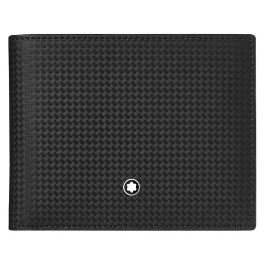 Introducing the Montblanc Extreme 2.0 Leather Wallet 6cc by Montblanc: This sleek, minimalist wallet features a black leather exterior with a striking carbon-fiber print and checkered pattern. It boasts an elegant, small white emblem resembling a star near the bottom center and comes with RFID blocking properties for enhanced security.