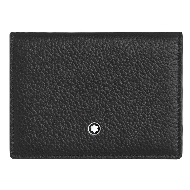 The Montblanc Meisterstuck Leather Business Card Holder, from the renowned brand Montblanc, is a black textured wallet crafted from full-grain calfskin. It showcases a small white star emblem in the center of the lower half and features a sleek design that is perfect for both professional and personal use.