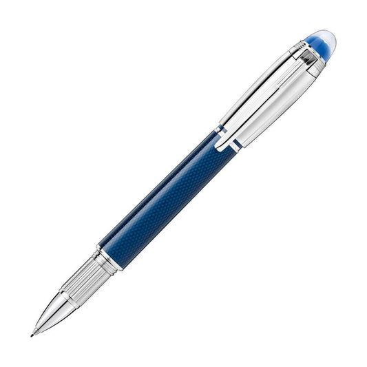 Photographed against a white background is the Montblanc StarWalker Blue Planet Metal Fineliner Pen, featuring a sleek blue and silver design and a shiny metal clip. The pen's platinum-coated cap enhances its elegance while evoking themes of space exploration.