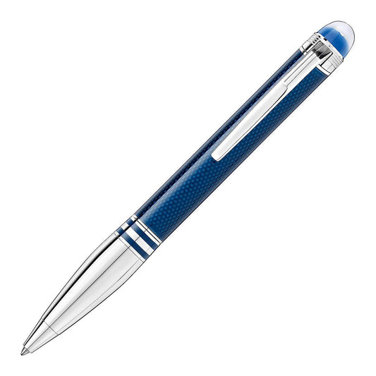 The Montblanc Pen Starwalker Blue Planet Metal Doue Ballpoint Pen is a sleek blue and silver pen with a shiny finish, featuring a platinum-coated cap and ribbed grip. Its slightly angled design highlights its modern aesthetic, reminiscent of the StarWalker Blue Planet series.
