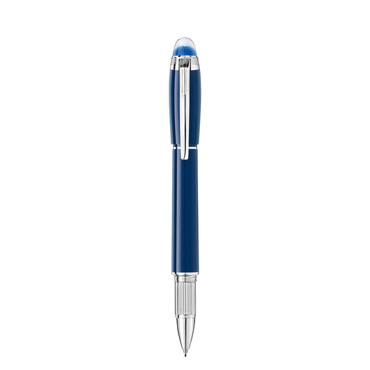 A stylish Montblanc StarWalker Blue Planet Precious Resin Fineliner Pen, in a combination of blue and silver, is shown standing upright. It includes a clip on its cap and a silver tip, displayed against a plain white background.