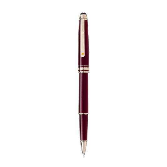 A stylish Montblanc Meisterstuck Le Petit Prince Classique Rollerball Pen, featuring a rich burgundy resin body accented with silver detailing and a cap clip. Its glossy finish embodies a classic, elegant design that echoes Montblanc's iconic style.