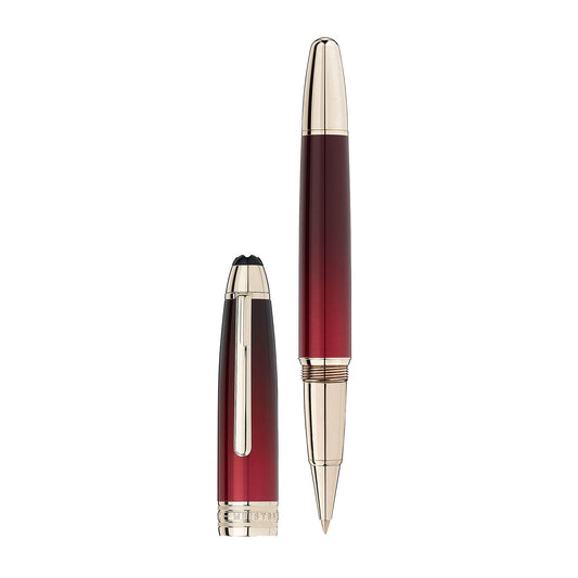 A luxurious and elegant Montblanc Meisterstück Calligraphy Solitaire Burgundy Lacquer Rollerball Pen, showcasing a metallic sheen, is beautifully displayed with the cap standing upright on the left and positioned vertically to highlight its sleek design.