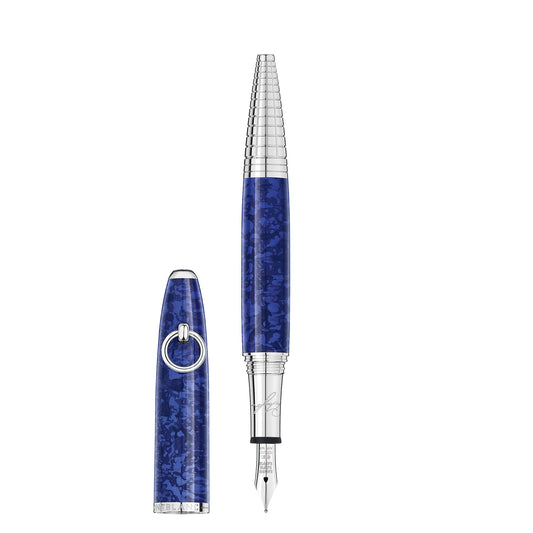 A luxurious Montblanc Muses Elizabeth Taylor Special Edition fountain pen featuring a textured blue barrel and silver accents, displayed with its cap removed and placed beside it. The nib is elegantly crafted, while the cap showcases a silver ring detail evocative of Montblanc's timeless design.