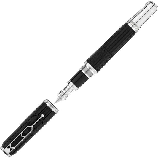 A luxurious Montblanc Writers Edition Homage to Victor Hugo Limited Edition Fountain Pen in black and silver, featuring intricate detailing, displayed with its cap removed to reveal the elegant nib and sleek design.