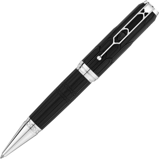 The Montblanc Writers Edition Homage to Victor Hugo Limited Edition Ballpoint Pen features a sleek black and silver design with intricate detailing on the barrel and cap, accentuated by shiny metallic accents. This Montblanc creation boasts a luxurious appearance, offering a smooth, tapered shape inspired by Victor Hugo's era.