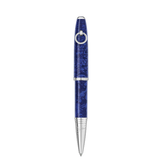The Montblanc Muses Elizabeth Taylor Special Edition Ballpoint, a luxurious pen in blue with silver accents and a distinctive metal clip, displayed vertically against a white background, captures the timeless elegance reminiscent of Elizabeth Taylor's iconic style.