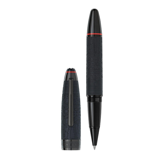 A stylish Montblanc Meisterstück Great Master Pirelli Rollerball Pen combines an elegant black finish with detailed, hand-carved tyre patterns and understated red accents. The pen's cap, part of the exclusive Pirelli Limited Edition, is removed and positioned beside it to display its intricate design.