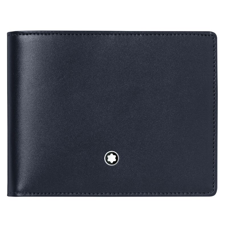 The Montblanc Meisterstuck Leather Wallet 6cc is a sleek wallet in blue leather, featuring a modern and simple design with a small, circular silver emblem on the front, perfect for organizing your essential items.