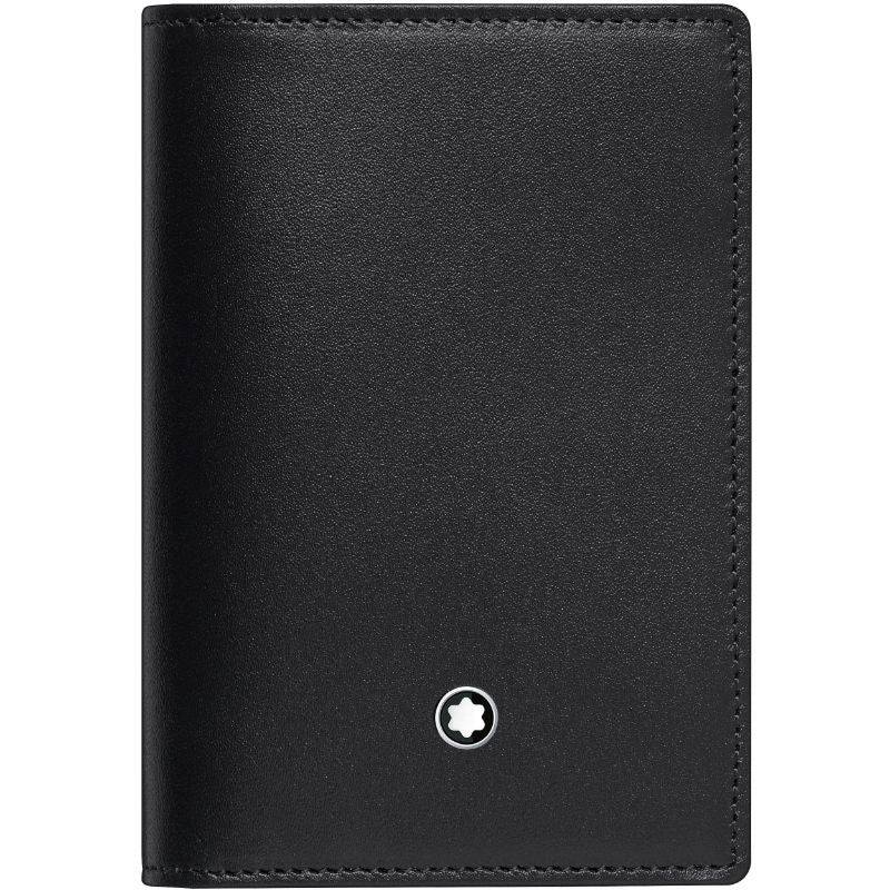 The Montblanc Meisterstück Leather Business Card Holder is a sleek black accessory, featuring a compact design with a small circular white emblem near the bottom center. Its smooth, polished surface adds an elegant and classic look. Credit card slots enhance its functionality, while the holder is photographed closed against a plain background.