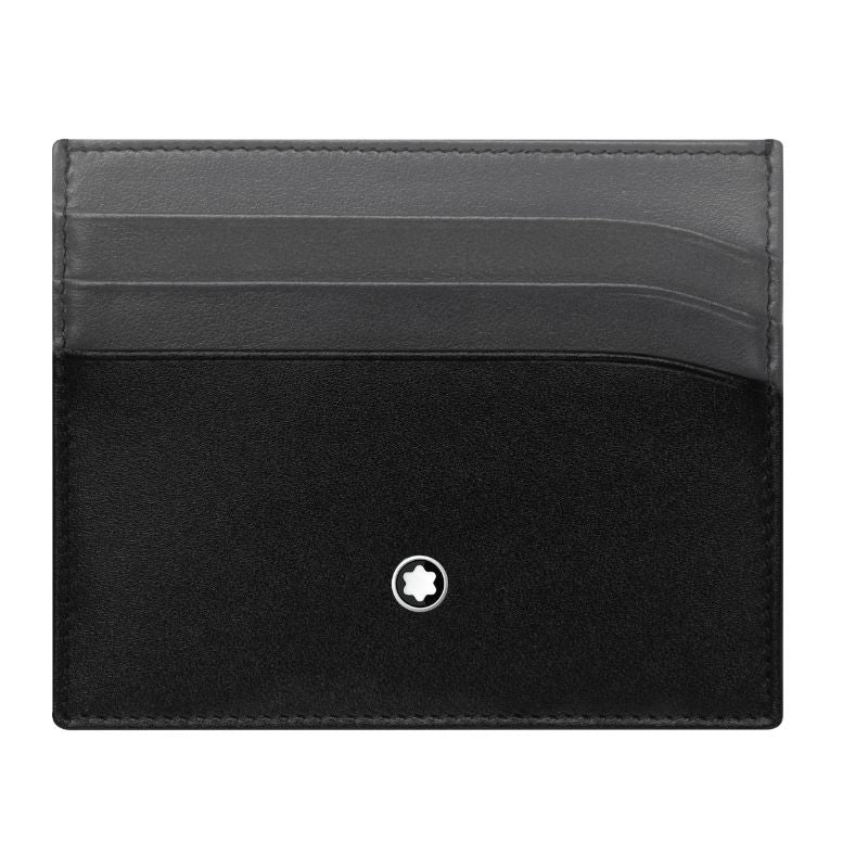 A sleek and lightweight Montblanc Meisterstuck Pocket 6cc Leather Card Holder made from black leather features a minimalist design with a round white and black emblem at its center. This compact yet functional card holder includes multiple credit card slots on top, complemented by a contrasting dark gray section.