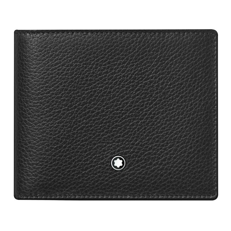 The Montblanc Meisterstück Soft Grain Leather Wallet 6cc is a stylish black leather wallet with a textured surface, ideal for organizing credit cards, and accented with a small, circular white Montblanc emblem at the bottom center.