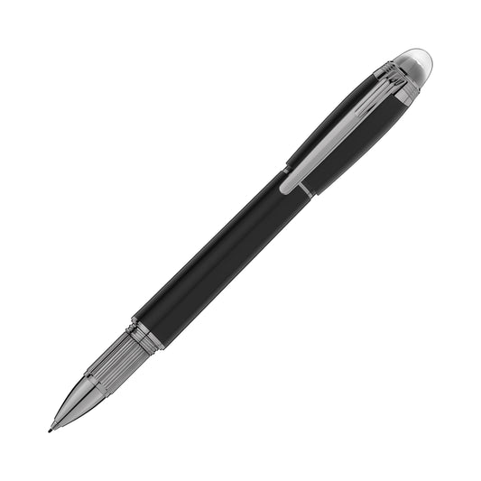 A sophisticated Montblanc StarWalker UltraBlack Precious Resin Fineliner, featuring sleek black design elements and silver metallic accents such as a clip and tip, is showcased against a white background. The StarWalker design embodies modern elegance.