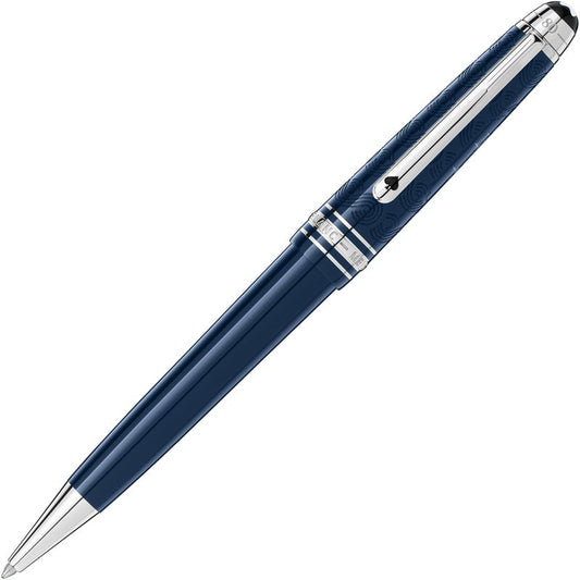 This elegant Montblanc Meisterstuck Around the World in 80 Days LeGrand Ballpoint Pen showcases a blue precious resin and silver design with a textured pattern.