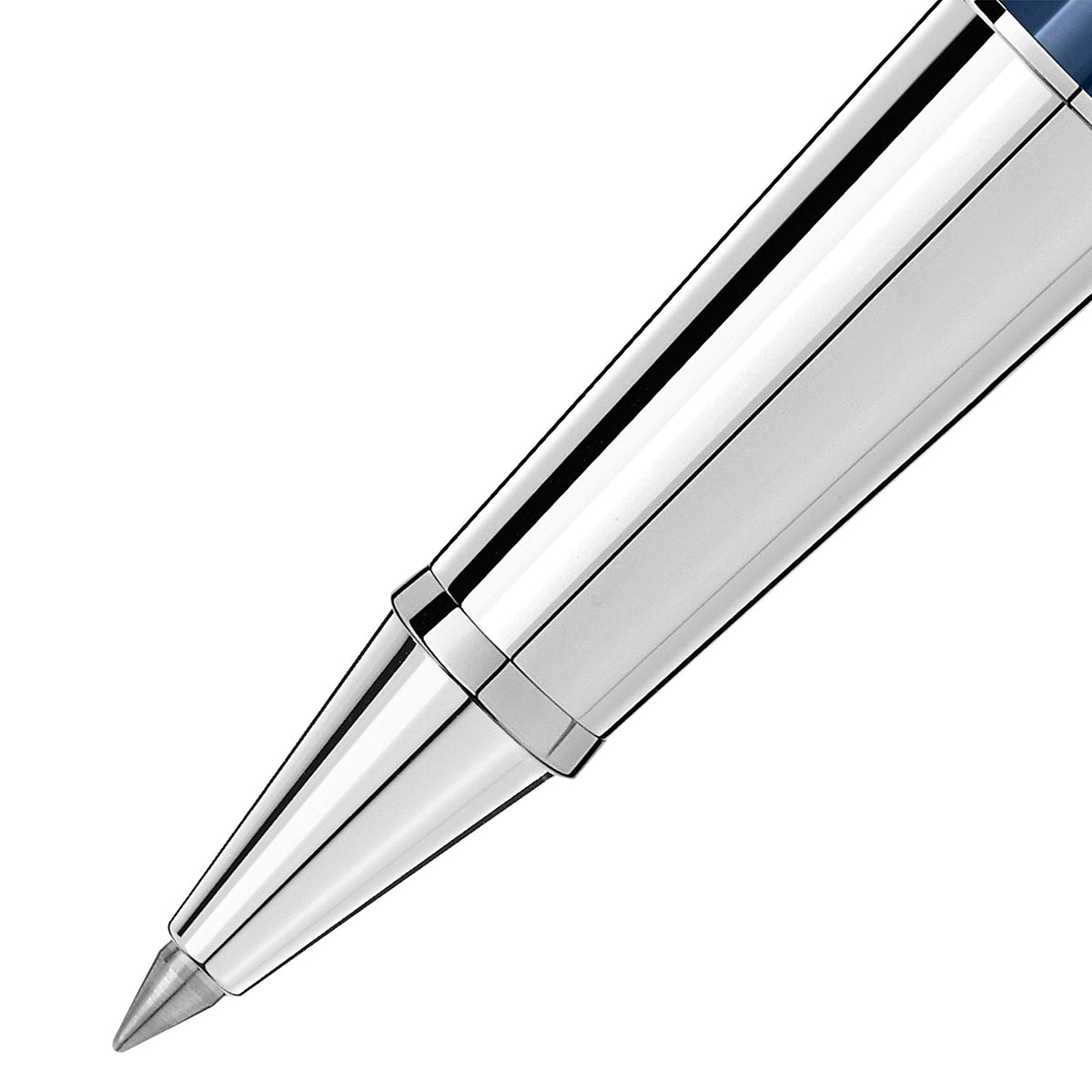 Close-up of the sleek, silver Montblanc Meisterstuck Around the World in 80 Days Dou Classique Rollerball Pen tip against a white background, highlighting its shiny, reflective surface and precise design. The touch of blue resin adds an elegant flair to this exquisite pen by Montblanc.
