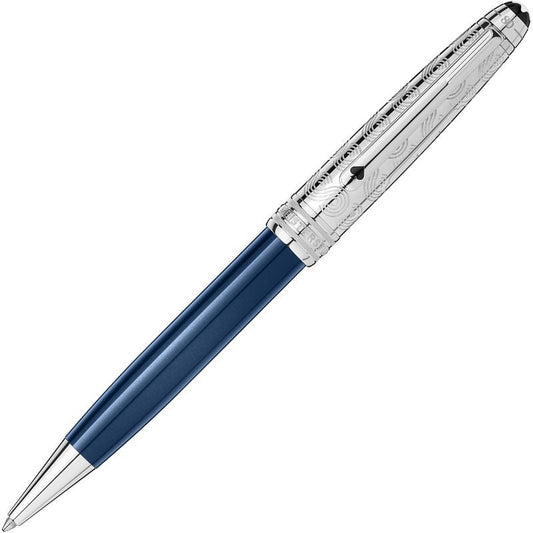 Introducing the Montblanc Meisterstück Around the World in 80 Days Doué Classique Ballpoint Pen: A luxurious writing instrument featuring a silver cap adorned with intricate patterns and a sleek metallic blue barrel. Inspired by the adventurous spirit of Jules Verne, its ready-to-write extended tip makes this edition truly exceptional.