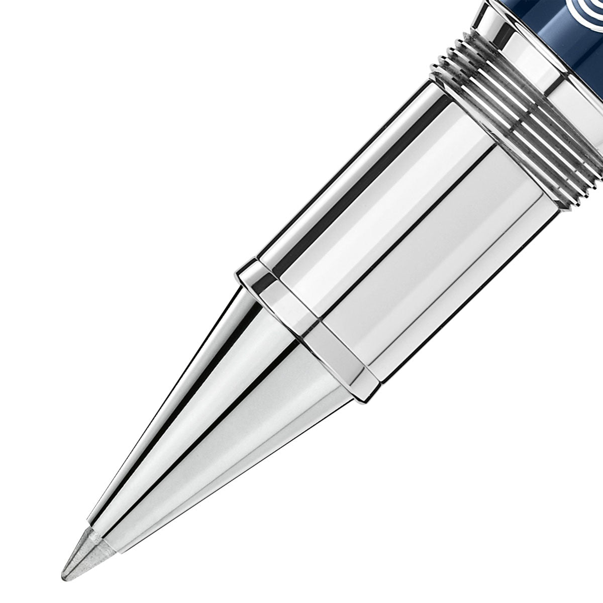 Close-up view of the Montblanc Meisterstück Around the World in 80 Days Solitaire LeGrand Rollerball pen tip, showcasing a metallic finish with a blue resin accent near the writing point. The pen features a sleek and modern design, boasting intricate grooves and detailing with a reflective surface that enhances its sophisticated appearance.