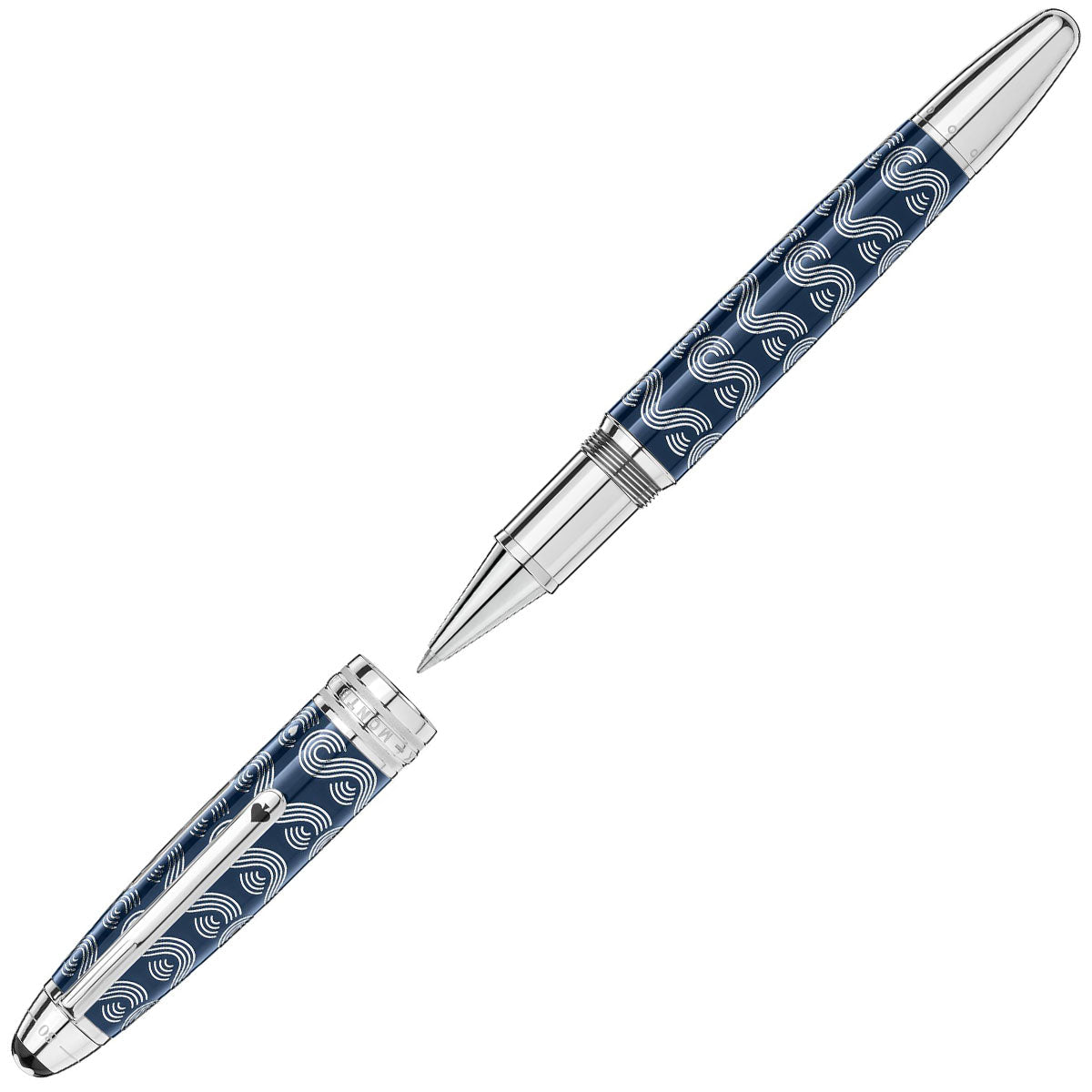 Presenting the Montblanc Meisterstuck Around the World in 80 Days Solitaire LeGrand Rollerball, this stylish pen boasts a blue and silver design with a wave pattern. The uncapped rollerball pen showcases a silver nib and intricate detailing on both its body and cap.