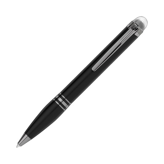 A stylish Montblanc StarWalker UltraBlack Precious Resin Ballpoint Pen, featuring silver accents and a clip, set against a white background.