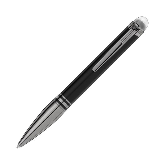 Positioned diagonally on a white background, the Montblanc StarWalker UltraBlack Dou Ballpoint Pen is crafted from sleek black resin and features platinum-plated accents, including a silver tip. The pen also includes a convenient clip for attaching to a pocket or notebook, adding both style and practicality.