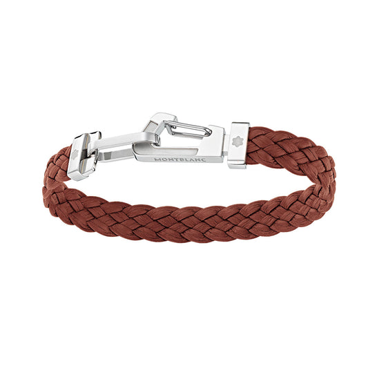 The Montblanc Wrap Me Bracelet features braided brown leather and a sleek silver clasp adorned with a star emblem, adding a touch of elegance to its simple design.