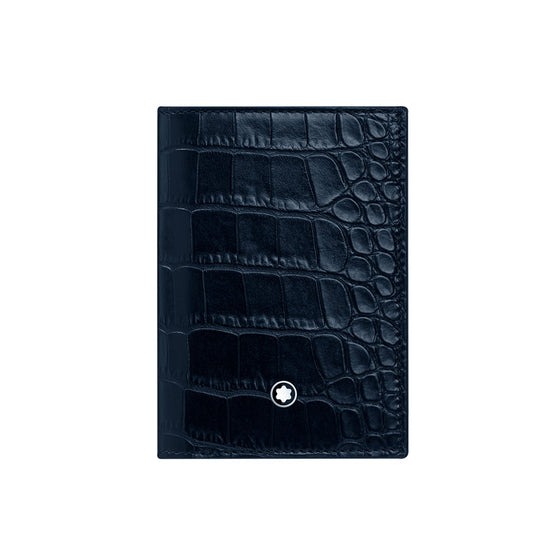 The Montblanc Meisterstück Leather Business Card Holder showcases a sleek black leather design with a sophisticated crocodile texture. It features the iconic Montblanc white star emblem elegantly placed on the lower front center, making it a perfect dual-purpose accessory for both style and utility. Photographed against a plain white background, it highlights its luxurious appeal as both a wallet and business card holder.