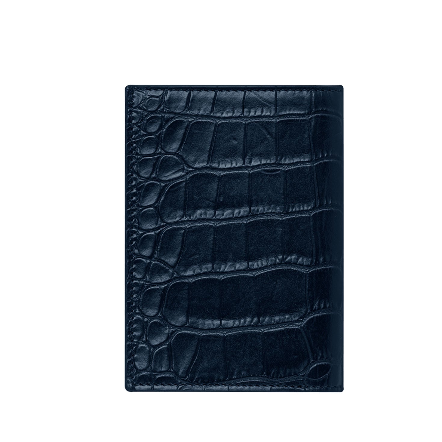 The Montblanc Meisterstuck Leather Business Card Holder, crafted with a dark, textured leather that features a crocodile skin pattern, sits elegantly against a white background. This exquisite piece embodies the sophistication for which Montblanc is renowned, and is perfect for the discerning professional.