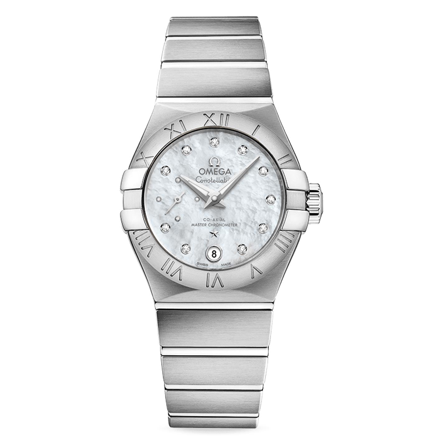 The OMEGA Constellation Co-Axial Master Chronometer Small Seconds 27mm Watch by OMEGA showcases a silver design with a stainless steel band and a round face. Its radiant mother-of-pearl dial is elegantly decorated with diamond indexes, features Roman numerals on the bezel, and includes a date window at the 6 o'clock position.