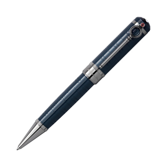 An elegant Montblanc Writers Edition Sir Arthur Conan Doyle Limited Edition Ballpoint Pen, featuring a sleek blue and silver design with intricate detailing, a shiny metal clip and tip, and a textured body set against a plain white background.
