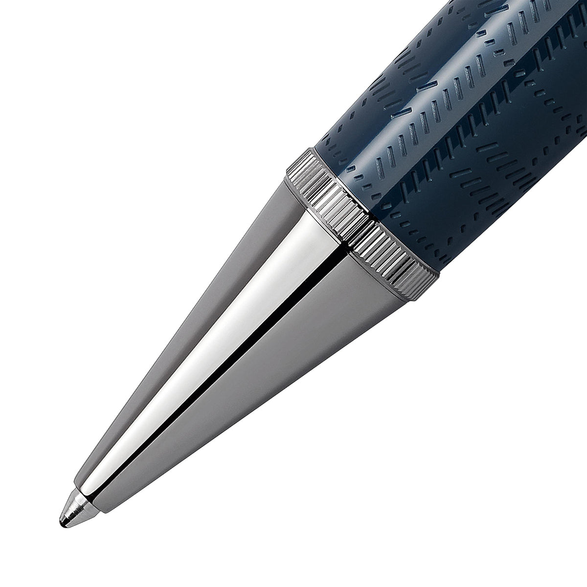 A close-up of the tip of a Montblanc Writers Edition Sir Arthur Conan Doyle Limited Edition Ballpoint Pen reveals its luxurious design, featuring a metallic finish and textured blue grip section. This elegant pen is adorned with sleek, polished details and captures the classic style associated with Sir Arthur Conan Doyle.