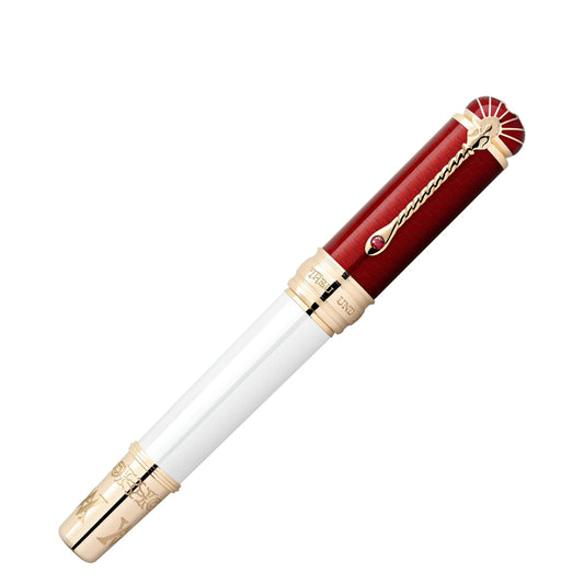 Introducing the Montblanc Patron of Art Homage to Albert Limited Edition 4810 Fountain Pen—an exquisite luxury item from Montblanc. This pen features a striking glossy red cap and a white barrel adorned with gold accents and intricate design details. It boasts a clip with a decorative chain, and its end cap is embellished with unique symbols, making it an ideal choice for discerning collectors seeking an exceptional limited edition piece.
