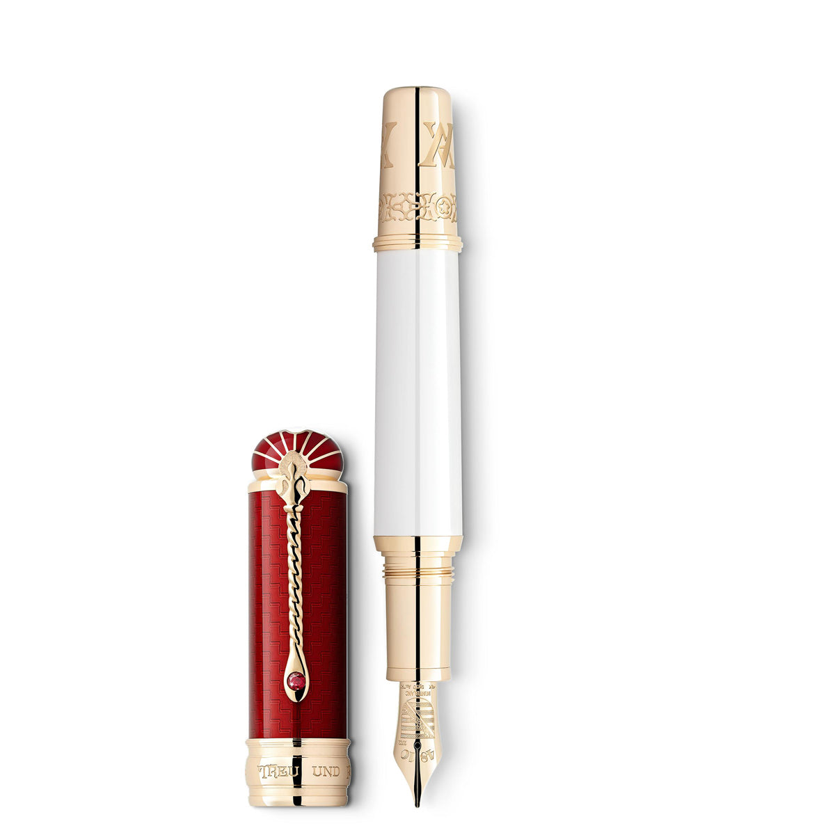 The Montblanc Patron of Art Homage to Albert Limited Edition 4810 Fountain Pen exemplifies luxury with its ornate red and gold cap paired alongside a sleek white and gold barrel. This limited edition masterpiece showcases intricate gold detailing and a pointed nib, epitomizing elegance and craftsmanship.
