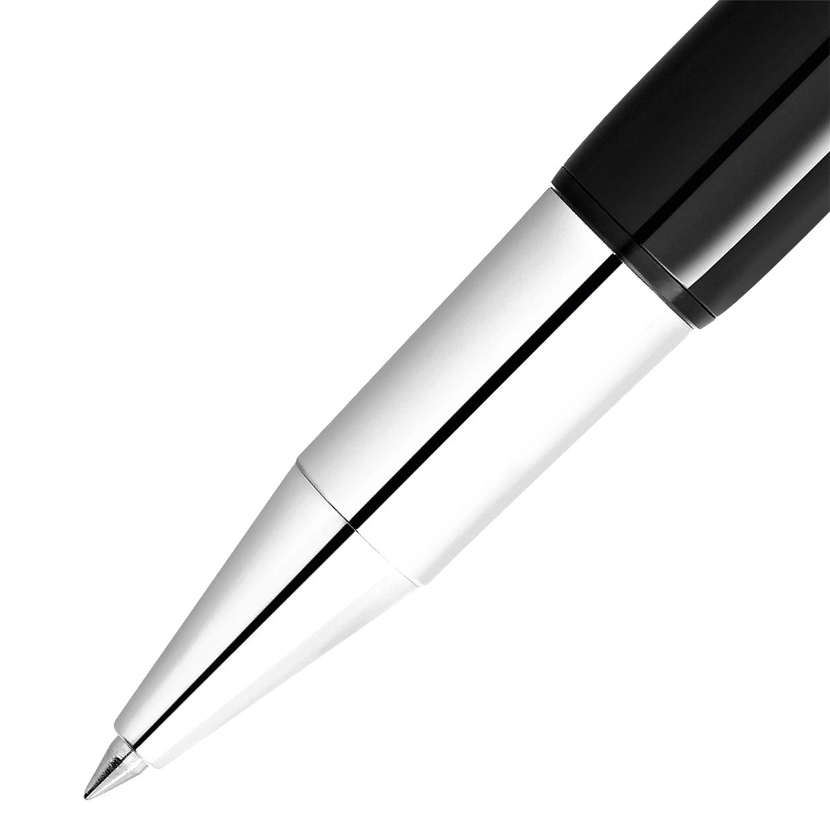 Close-up of the sleek Montblanc Heritage Rouge et Noir Baby Special Edition Black Rollerball Pen, featuring a shiny silver body and a glossy black grip. Angled diagonally with the tip facing downward, it highlights its elegant design and smooth contours.