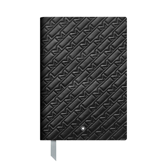 Explore the Montblanc M-Gram Notebook by Montblanc, which boasts an embossed geometric design with diagonal stripes and interconnected shapes. The textured cover prominently displays a small round emblem at the bottom center. A silver ribbon bookmark adds a touch of elegance to this sophisticated accessory.